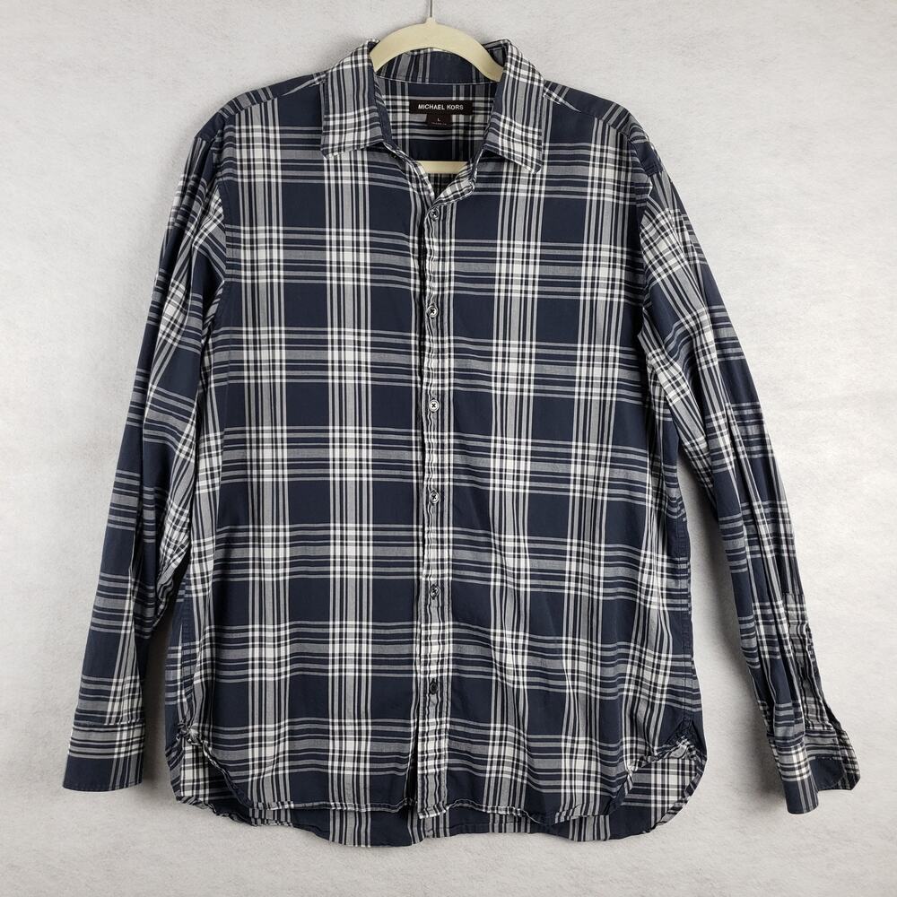 Michael Kors Men's L‎ Long Sleeve Gingham Plaid Button Up Navy Blue 100% Cotton